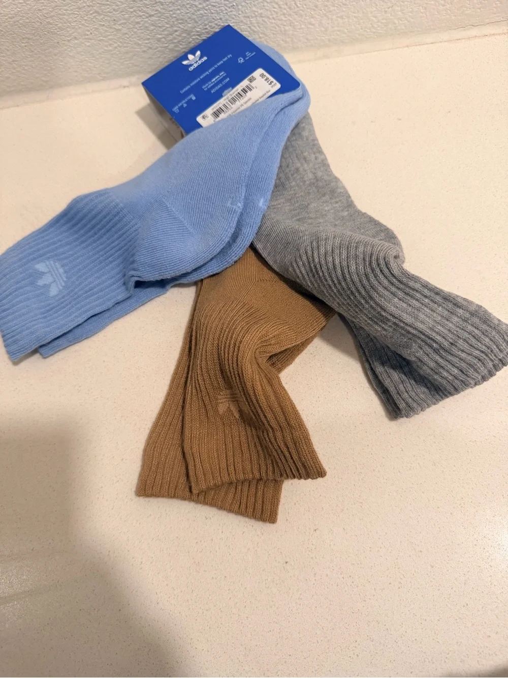 adidas 3-Pack Crew Socks in Tan, Gray & Light Blue
